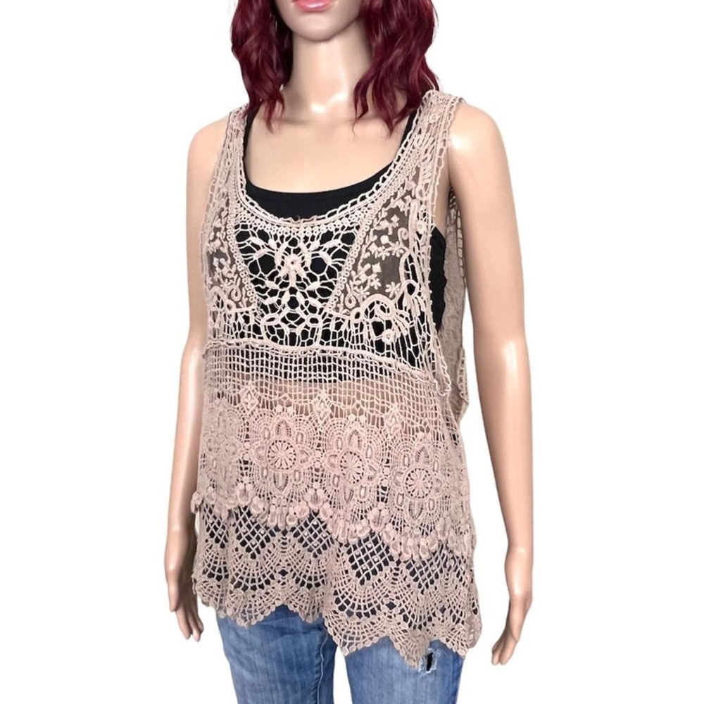 Crochet Lace Summer Top Womens Medium Beige Cover-Up Sleeveless Lightweight